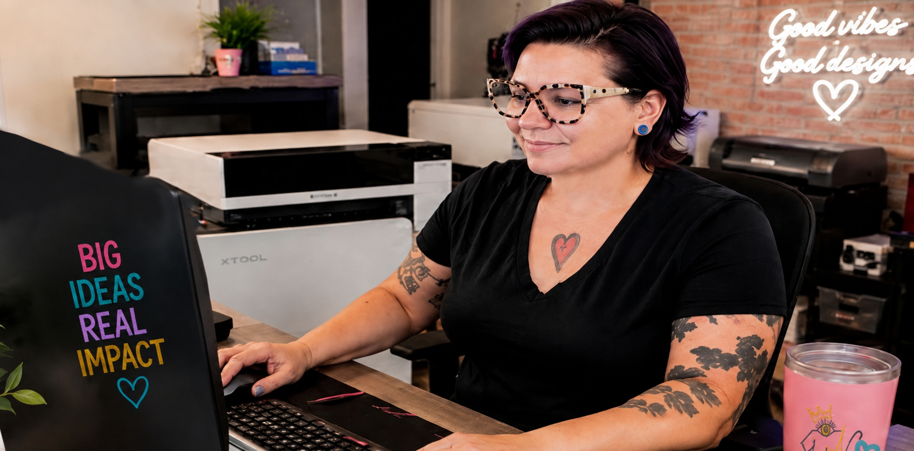 A woman with short dark hair, patterned glasses, and tattoos on her arms and chest, sitting at a desk working on a computer. Behind her, a sign says 'Good vibes Good design' with a heart. The computer has colorful stickers with words "BIG IDEAS REAL IMPACT" and a heart. There is a pink tumbler with a lid on the desk. The background shows a brick wall and some office furniture.