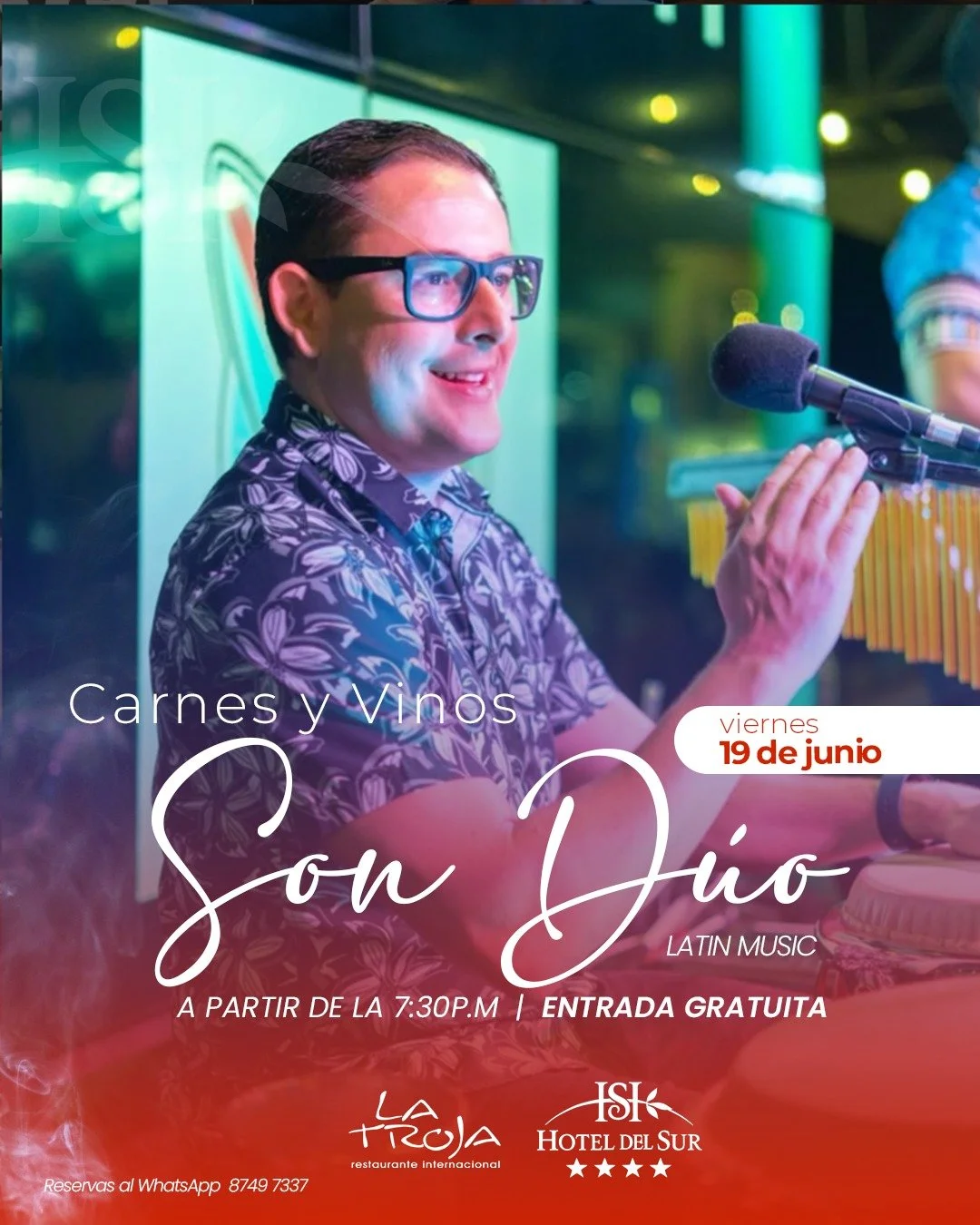 Cartel promocional de un evento de música latina con un hombre tocando instrumentos, con fondo colorido y luces de neón.