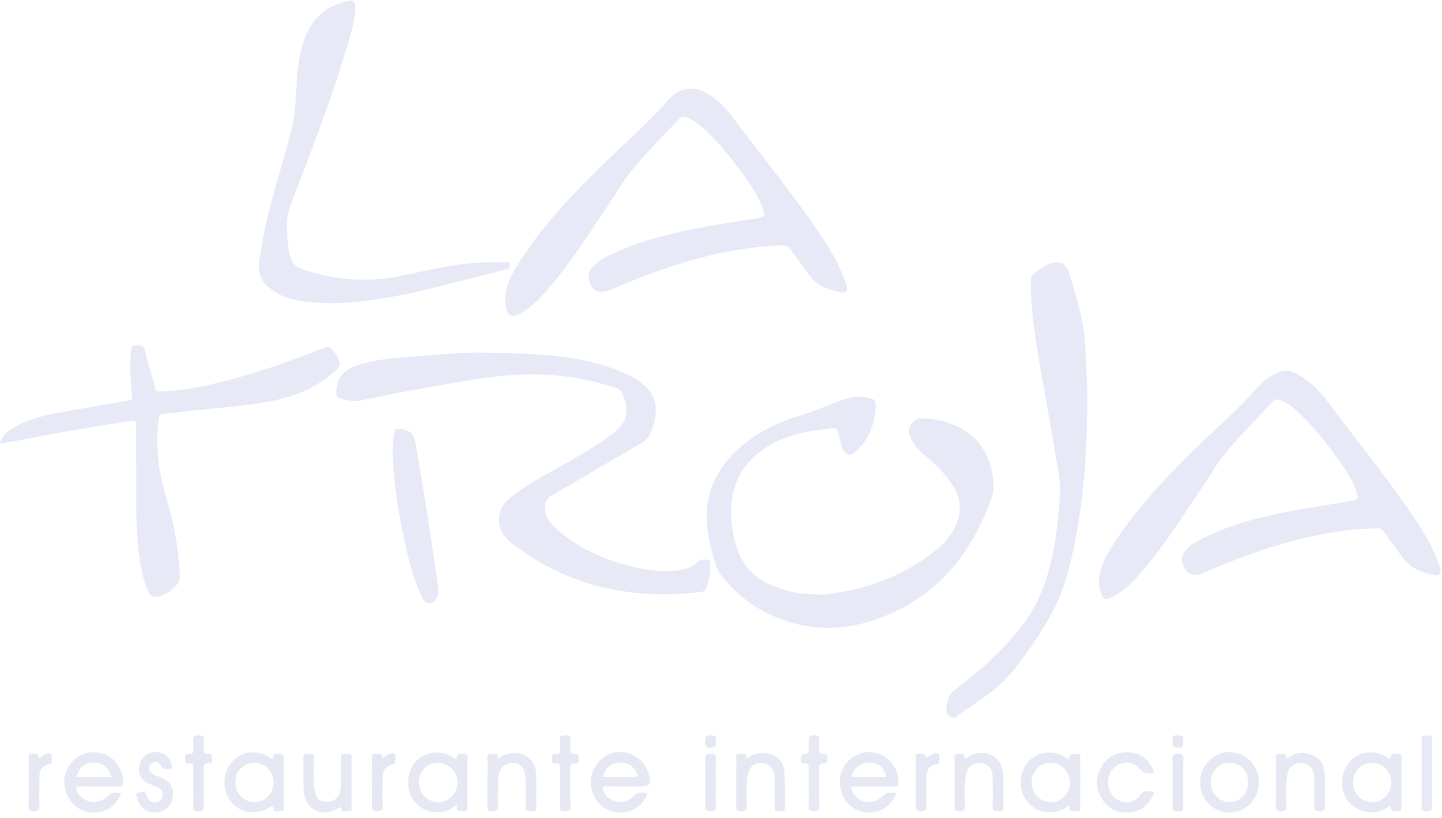 Logotipo del restaurante internacional La Troja, con letras delgadas y estilizadas en tonos claros y fondo transparente.