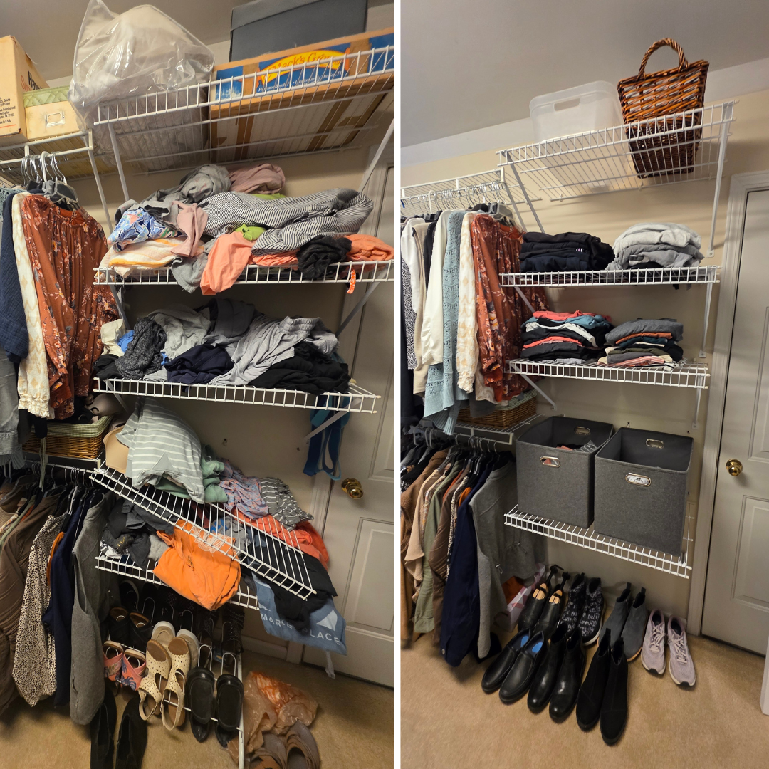 Comparison of two closets with clothes, shoes, and storage bins, showing messy on the left and organized on the right.