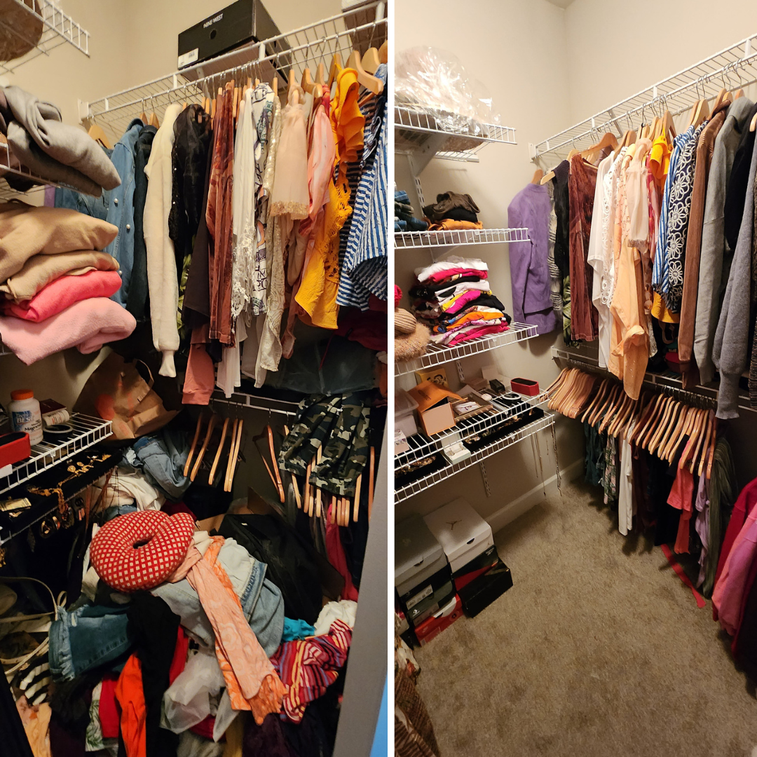 A cluttered walk-in closet with clothes on shelves and hanging rods, and shoes and boxes on the floor.