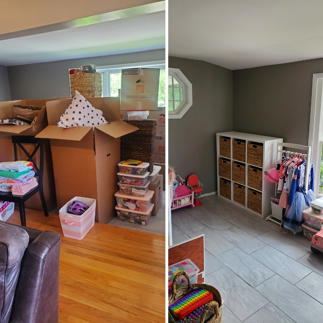 Side-by-side comparison of two attic rooms, one cluttered with boxes and household items, and the other organized with storage bins, a clothes rack, and children's toys.