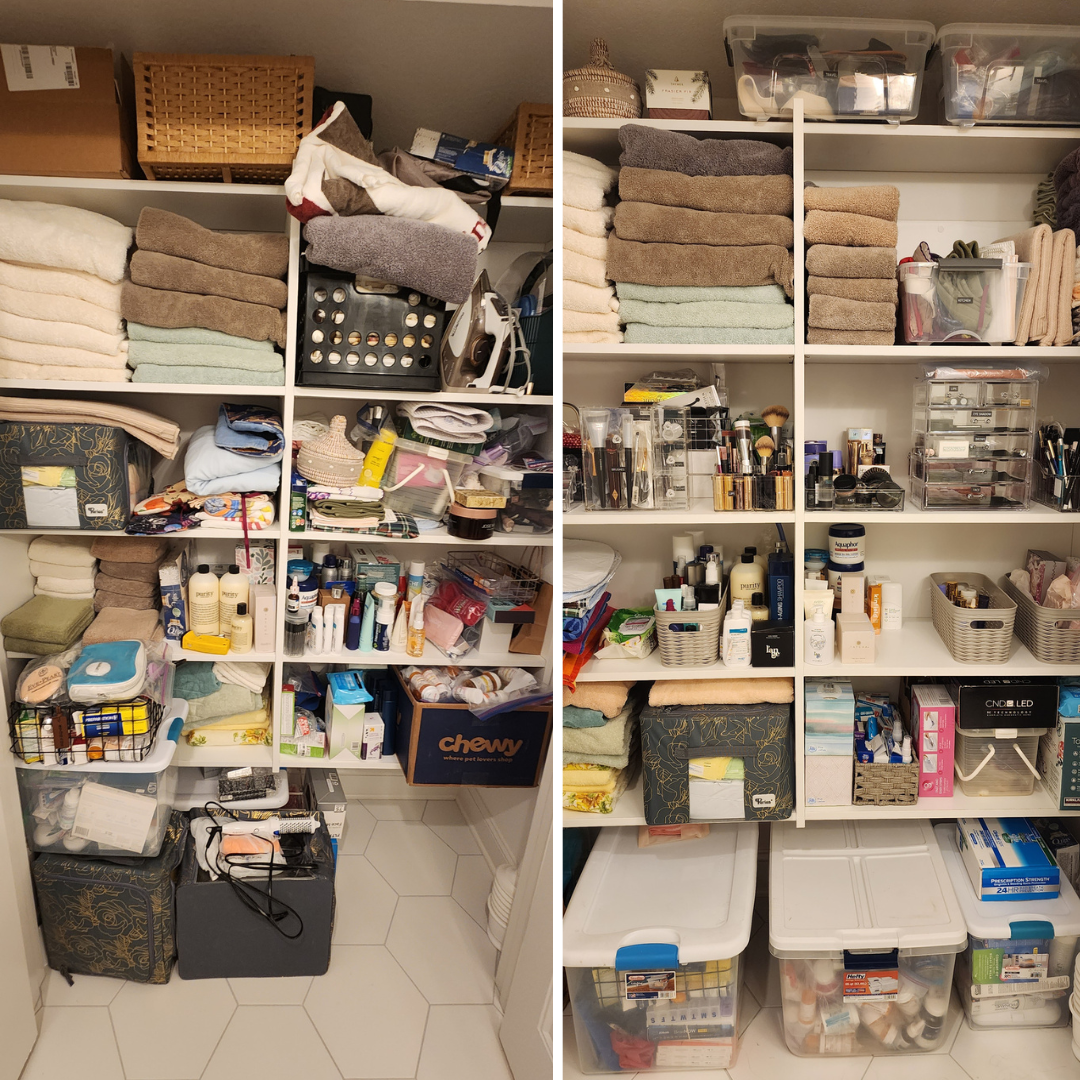 Open closet with shelves filled with towels, storage bins, toiletries, and cleaning supplies. The closet is organized in sections with various items including folded towels, boxes, and bottles.