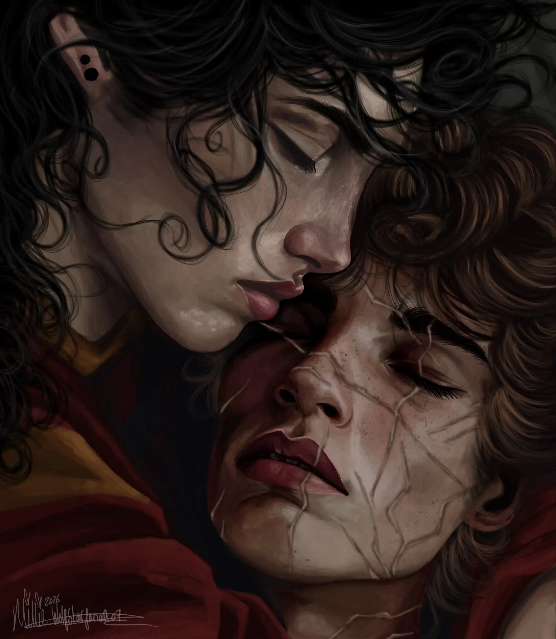 Close-up of two women with curly hair and light skin, appear to be sleeping or resting their heads together, with one wearing earrings.