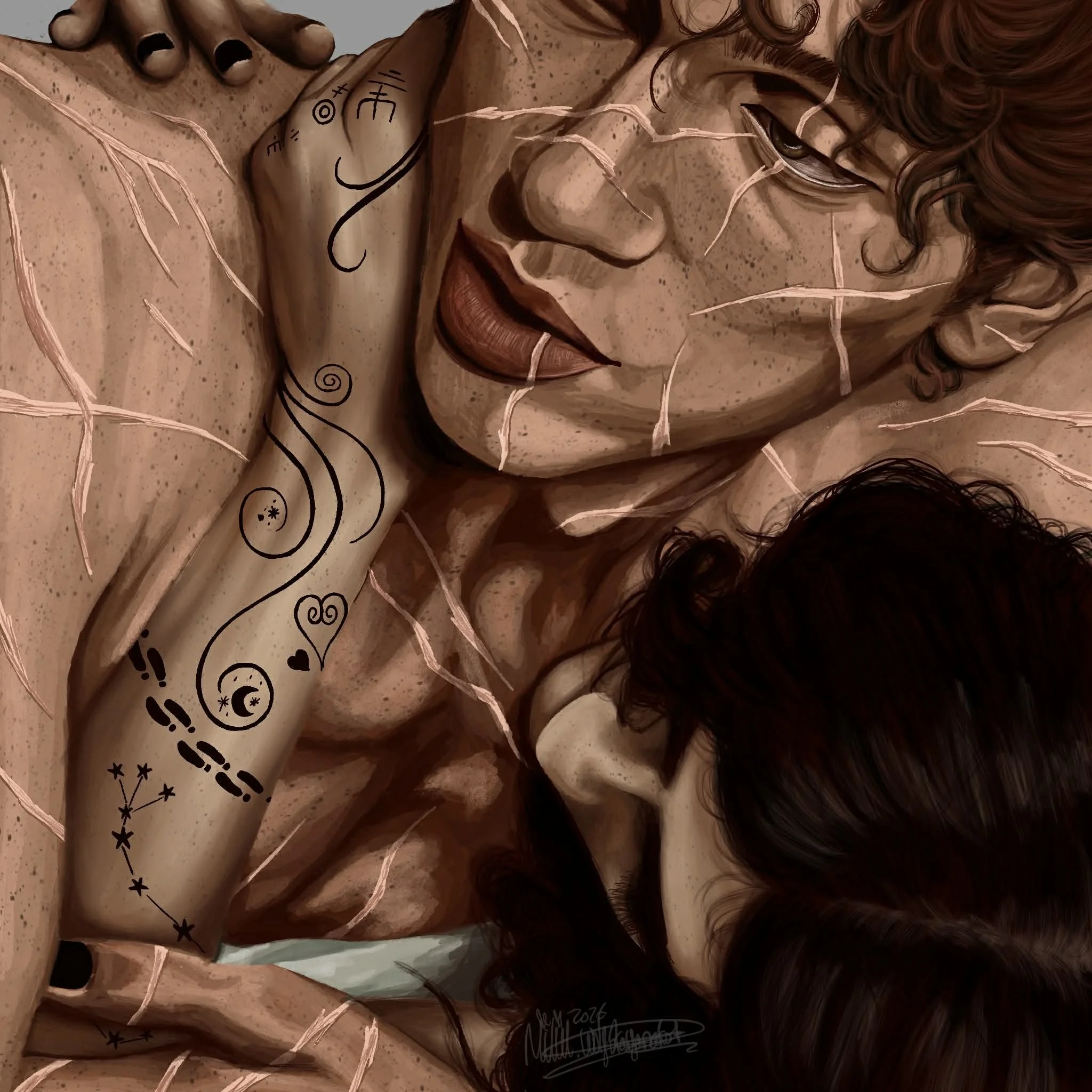 A realistic drawing of a woman with curly brown hair, closed eyes, and a calm expression. She has tattoos on her arm and chest, including stars and other symbols, and appears to be lying down. The drawing is highly detailed with shading and highlights, and some parts are covered with plastic or glass.