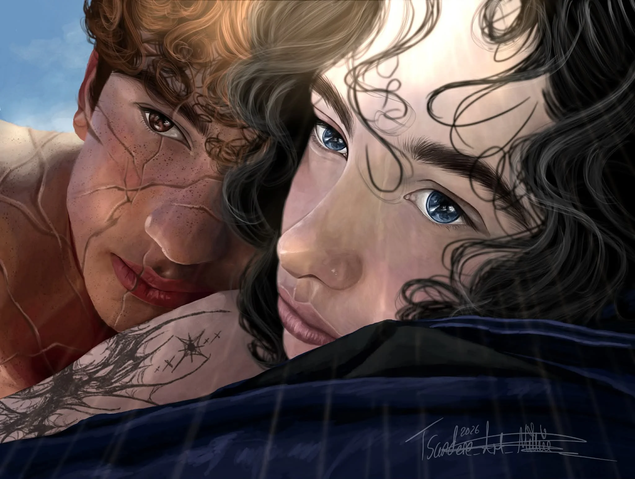 A digital artwork depicting two faces, one with red hair and freckles, the other with black curly hair, both gazing intently at each other with piercing blue eyes, set against a background of blue sky with clouds.