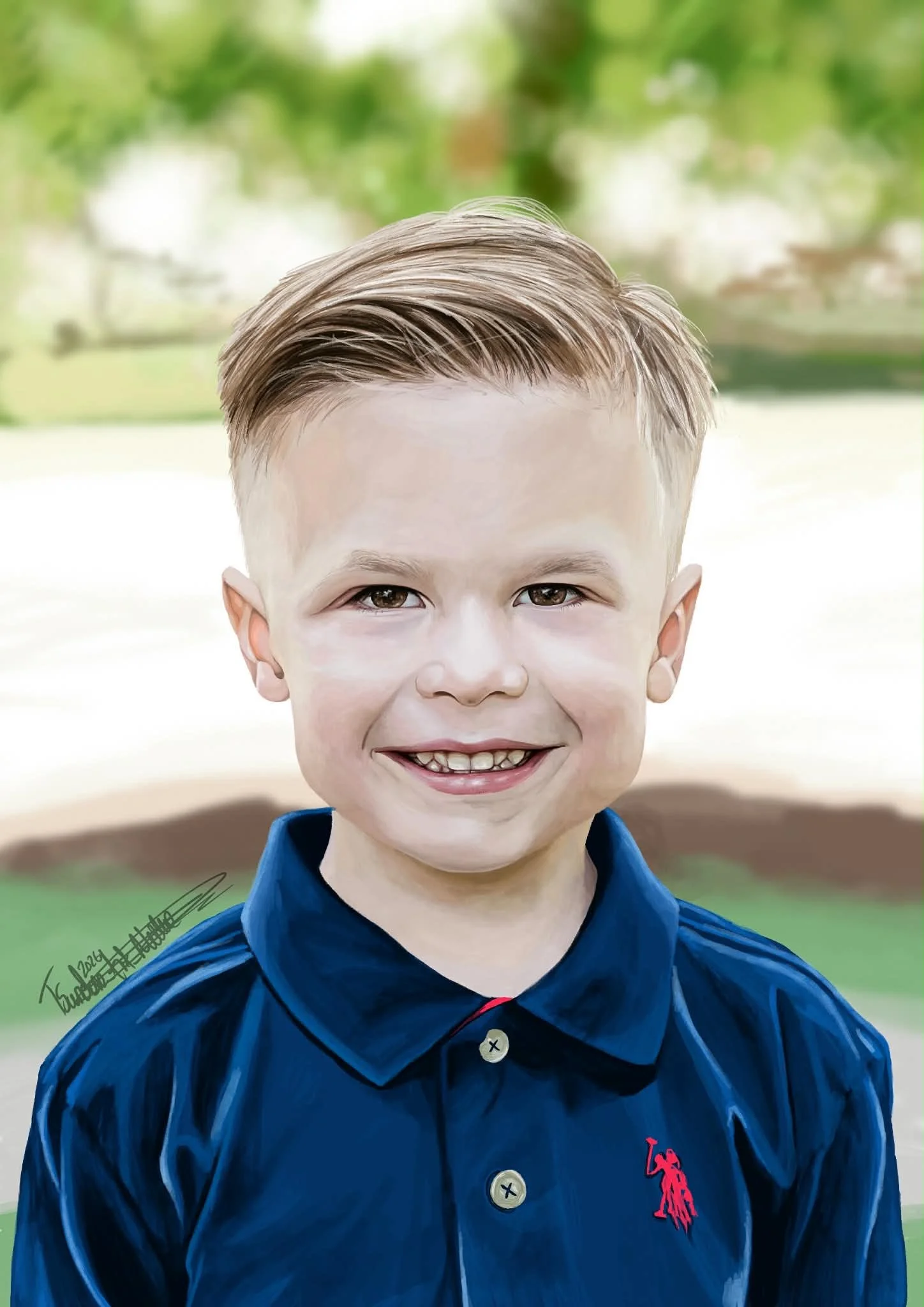 Portrait of a young boy smiling, with blonde hair combed to the side, wearing a dark blue collared shirt with a pink Ralph Lauren logo, outdoors with blurred green foliage background.