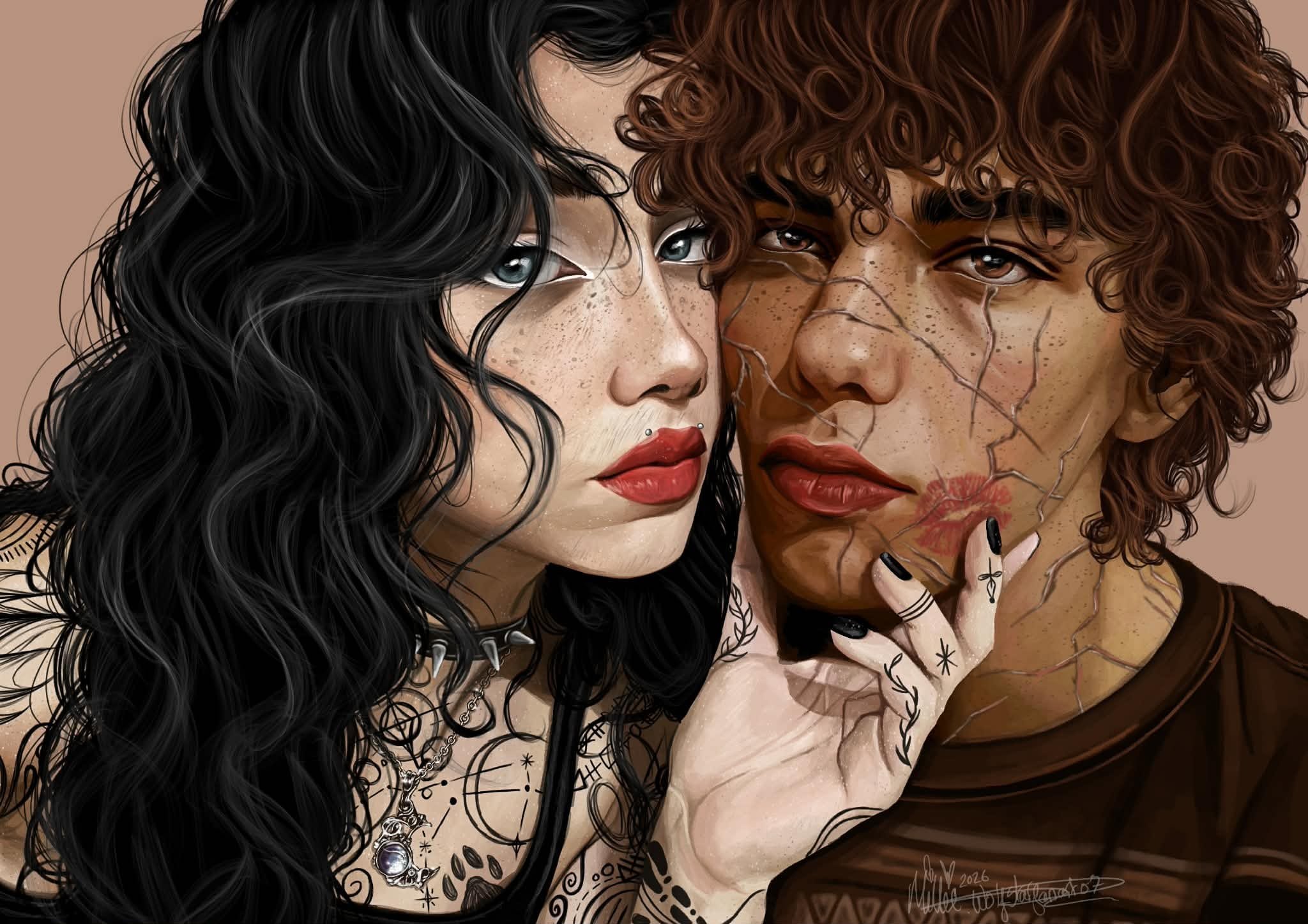 Digital illustration of two women with dark and curly hair, one with black hair and the other with brown hair. They have freckles, tattoos, and are close together, touching faces.