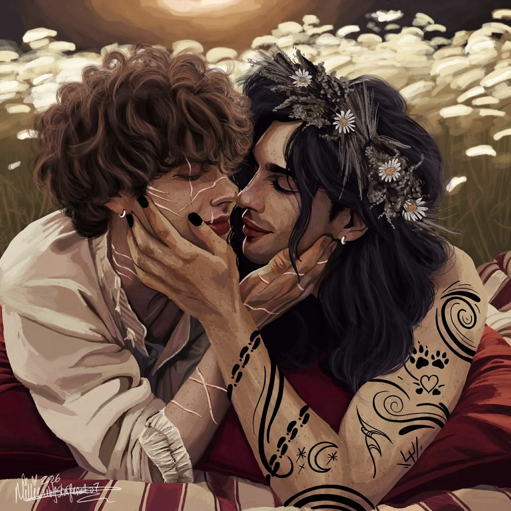 A digital painting of two women with curly hair and floral decorations, leaning their foreheads and noses together in an intimate gesture against a backdrop of fields and sky, with signed artistic details in the corner.
