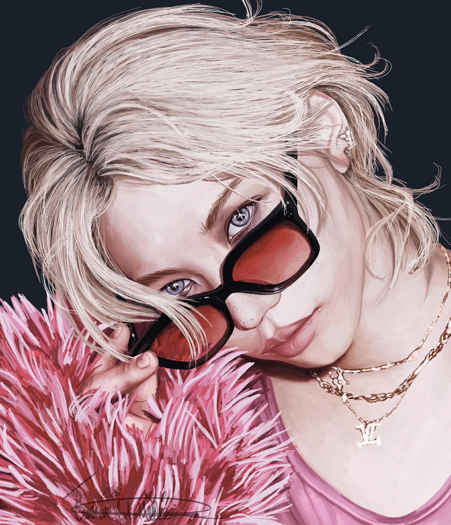 Close-up digital painting of a woman with platinum blonde hair, wearing black-rimmed glasses, a pink fur coat, and gold chains, holding a red lipstick tube near her lips.