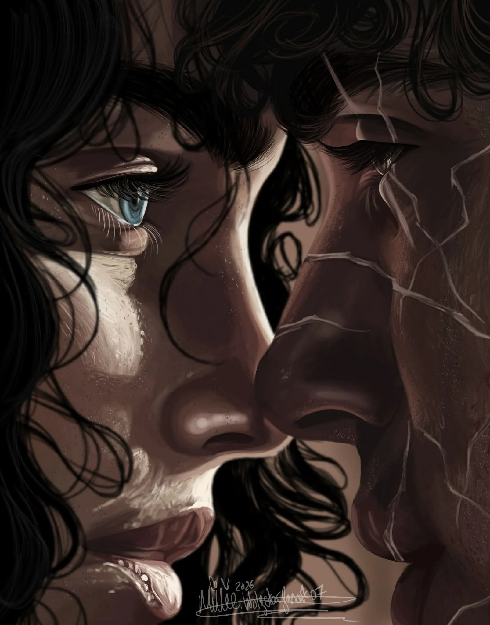 Close-up digital artwork of a woman with curly hair, blue eyes, and freckles, gazing downward. The illustration emphasizes detailed facial features and expressive eyes.