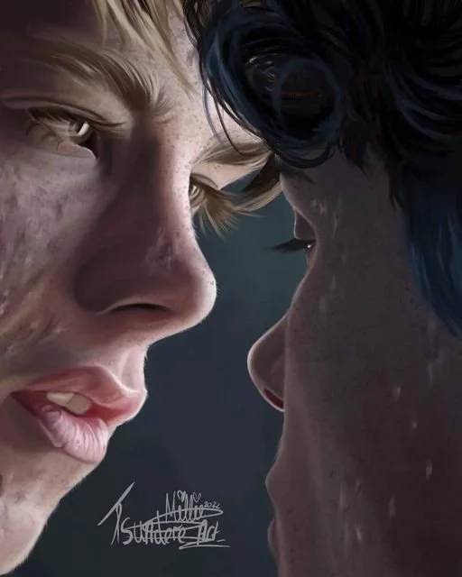 Close-up of two people with intense expressions, facing each other very closely, with one having curly blonde hair and freckles, and the other with dark hair and colored streaks, both with serious looks.