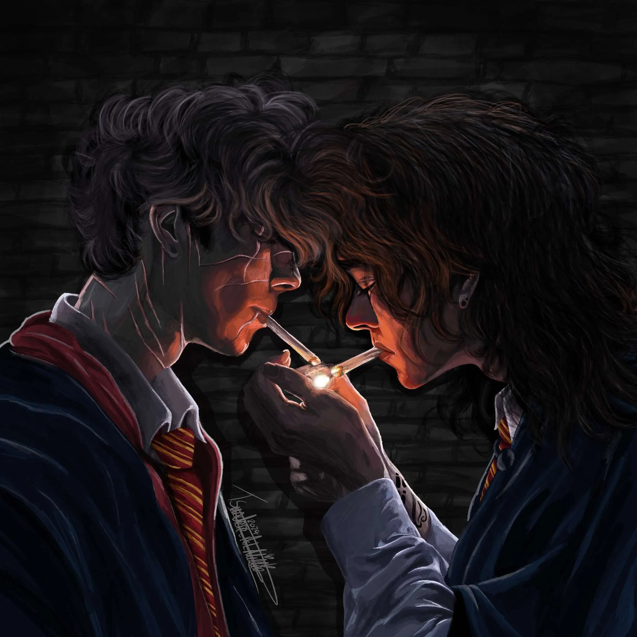 Digital painting of two characters from Harry Potter, Harry Potter and Ron Weasley, in wizard attire, facing each other with serious expressions, set against a dark background.