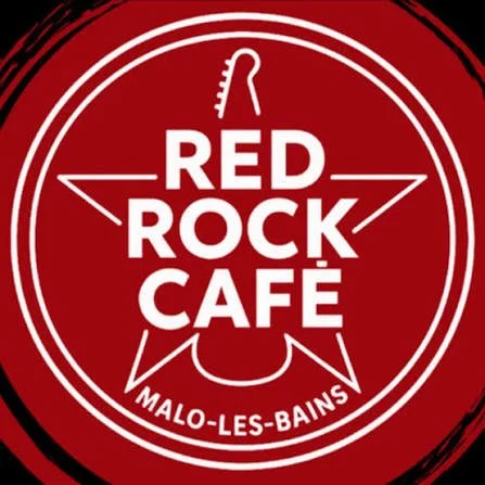 Logo du Red Rock Café à Malo-les-Bains, avec un fond rouge et une tour autour du nom.