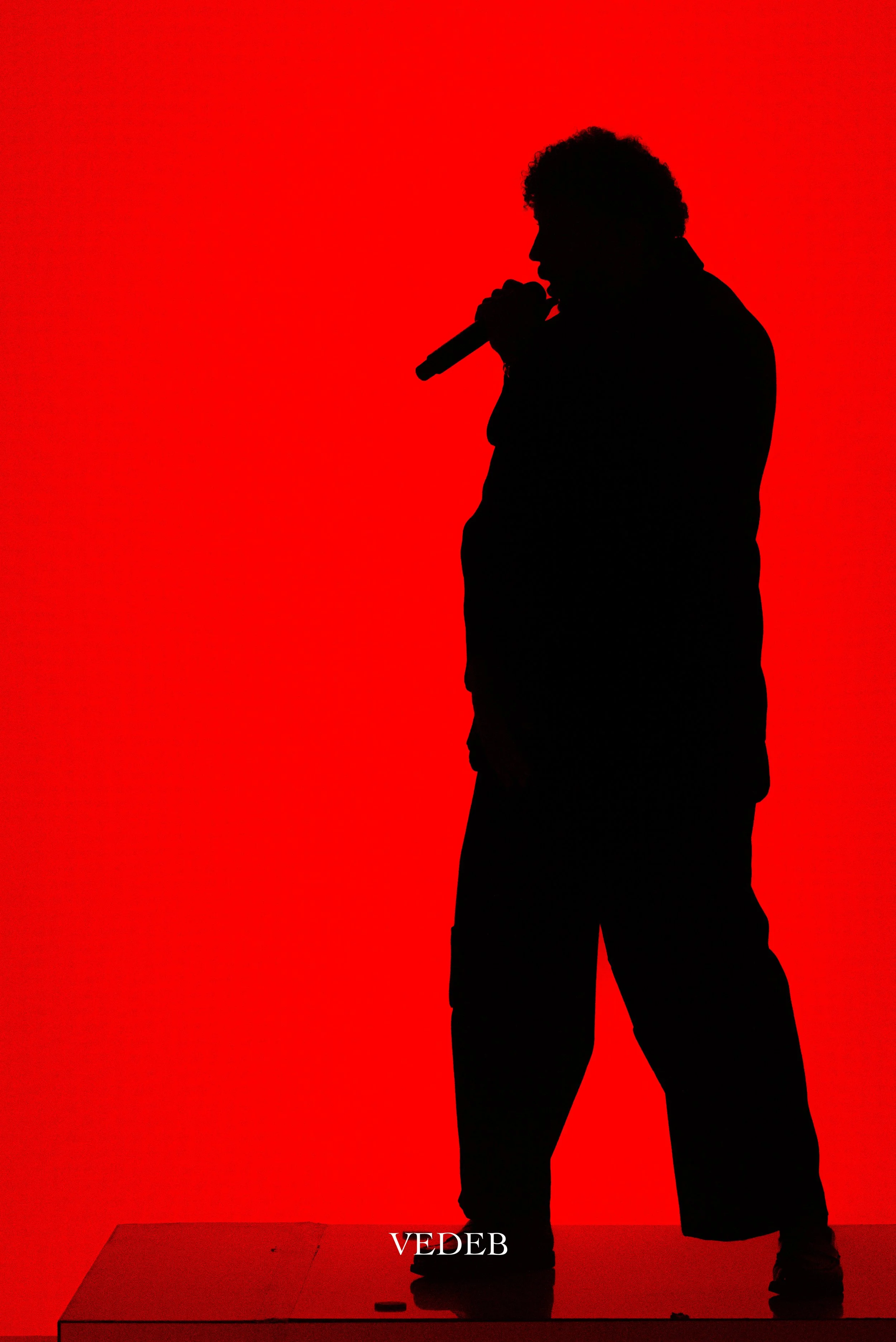 Silhouette d'un homme avec un micro, debout sur une plateforme, fond rouge. Texte 'VEDEB' en bas.