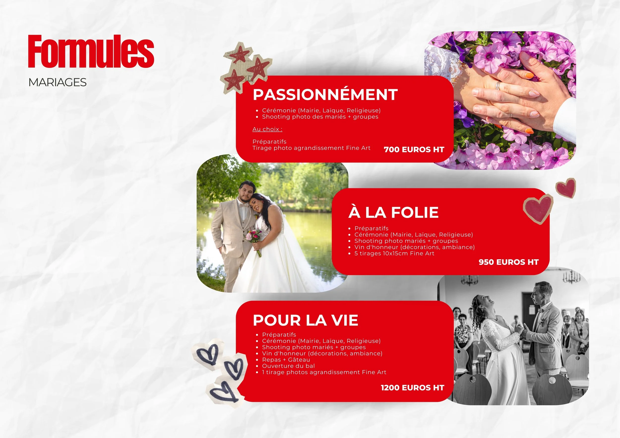 Publicité pour des formules de mariage avec options de cérémonies religieuses ou laïques, prise de photos, et autres préparatifs, avec images d'un couple de mariés et de fleurs.