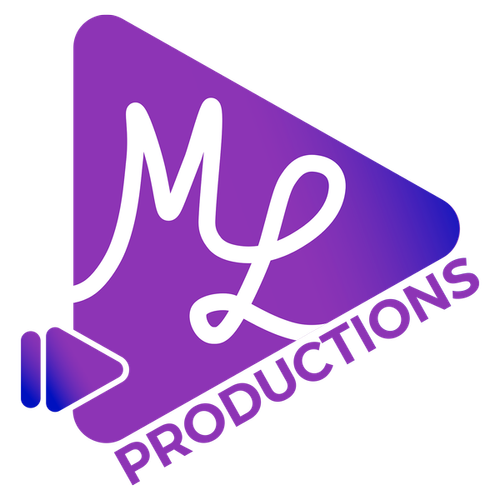 Logo violet avec un triangle et les lettres 'ML' en blanc, et le texte 'PRODUCTIONS' en arc en bas du triangle.