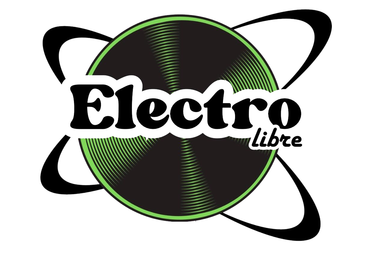 Logo avec une planète stylisée en vert et noir, le mot »Electro » en gros caractères noirs, et »libre » en plus petit, indiquant un symbole de liberté dans la musique électro.