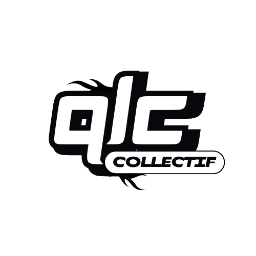 Logo de Qlec Collectif avec texte blanc et noir sur fond noir.