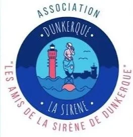 Logo de l'association Dunkerque, la sirène, avec une sirène stylisée et un phare, entouré des textes en français.