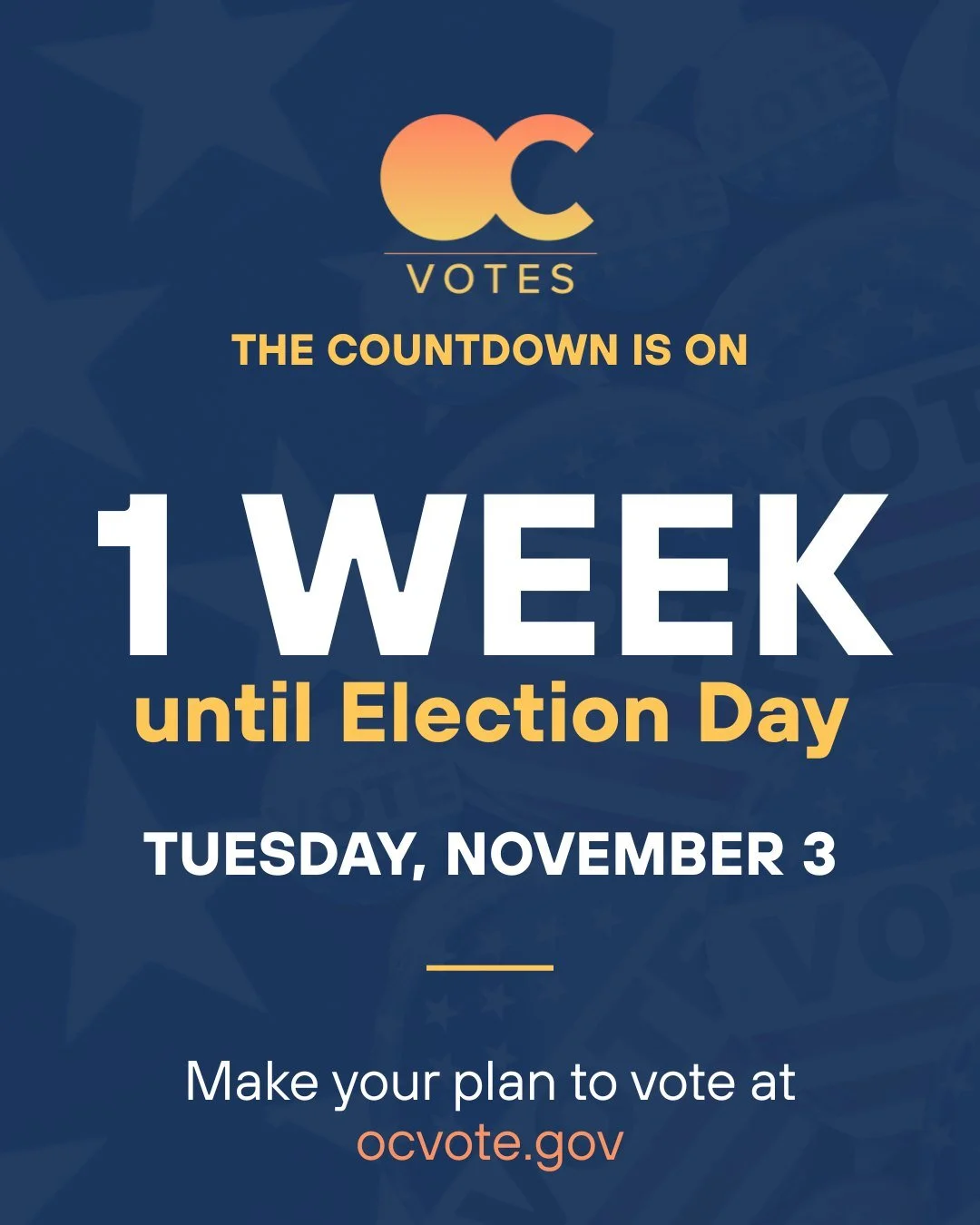 One week left Orange County. 🗳️

Election Day is Tuesday, November 3, and there&rsquo;s still time to make your voice heard. Vote centers across OC are open now, and you can drop off your ballot at any drop box or vote center until polls close at 8 