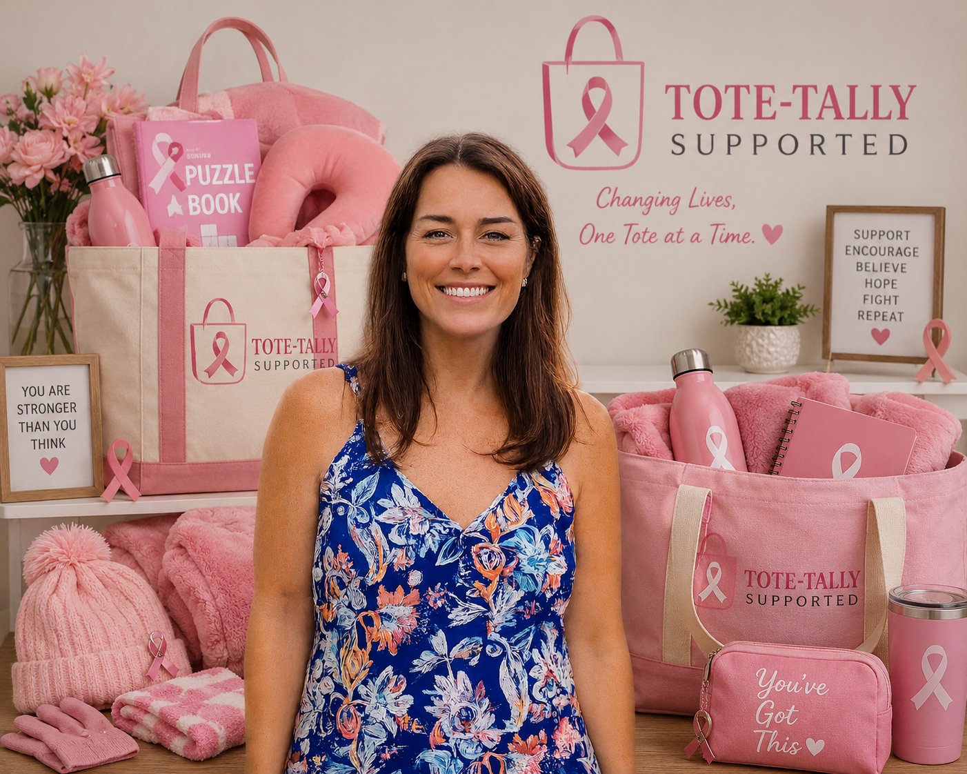A woman smiling at a breast cancer awareness event, standing in front of pink themed donation and support items such as tote bags, water bottles, a puzzle book, and signs with supportive messages.