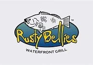 Logo for Rusty Bellies Waterfront Grill featuring a fish illustration and the restaurant name.