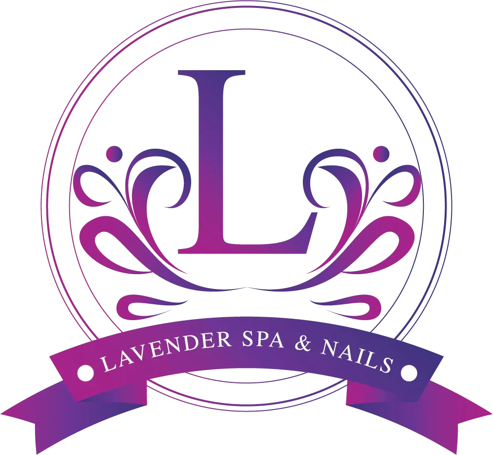 Logo for Lavender Spa & Nails with a large letter 'L' in the center, surrounded by decorative floral patterns, purple and black color scheme, and a purple ribbon banner at the bottom reading 'Lavender Spa & Nails'.