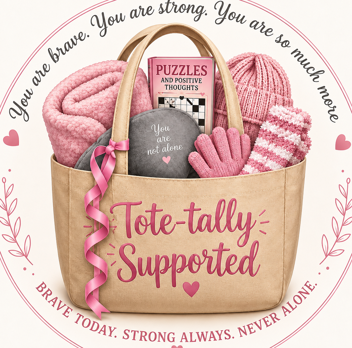 A beige tote bag filled with pink and gray cozy items, a book titled "Puzzles and Positive Thoughts," and motivational messages like "You are strong" and "You are not alone" surrounded by pink hearts and floral drawings, with the phrase "Tote-tally Supported" on the bag.
