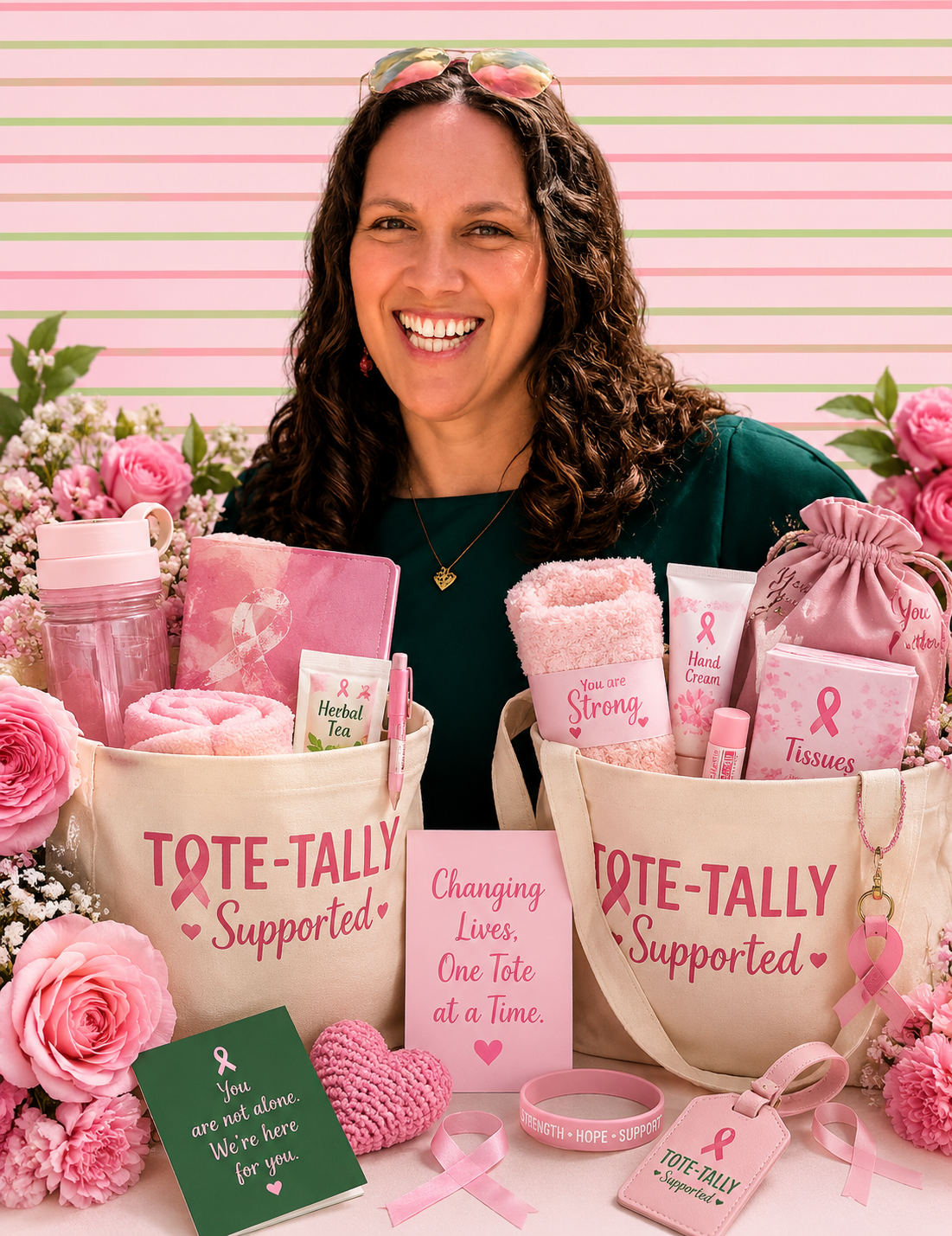 A woman smiling behind two supportive tote bags filled with pink items and flowers, surrounded by pink ribbons and messages representing breast cancer awareness.
