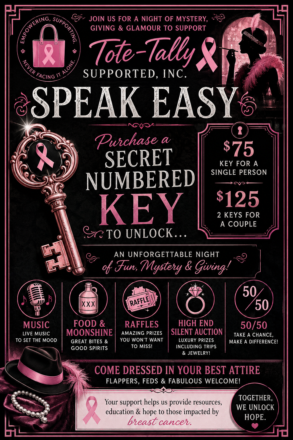 Pink and black event flyer for a charity night supporting breast cancer awareness, featuring a secret key auction, live music, food, raffles, silent auction, and dress code encouraging elegant attire with accessories.