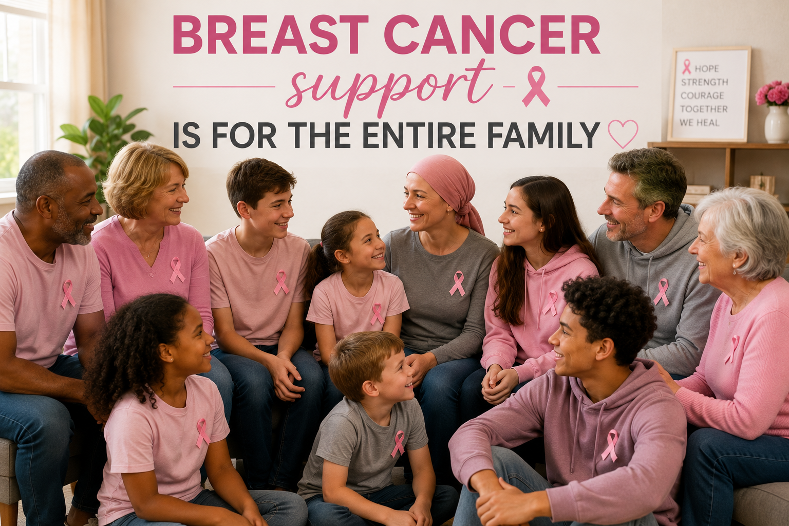 A diverse group of people, including men, women, and children of various ages and ethnicities, sitting and smiling together in a support group for breast cancer awareness. They all wear pink clothing or pink ribbons, and the background features a large message about breast cancer support for the entire family.