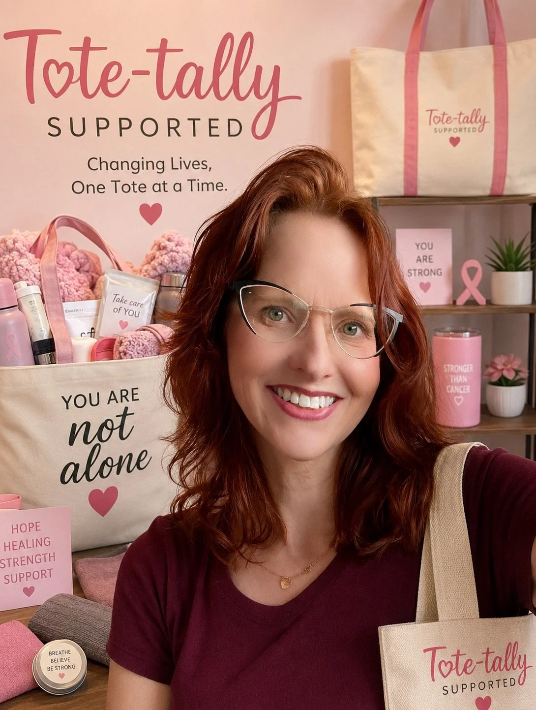 A woman with red hair and glasses smiling for a selfie in front of a pink-themed display supporting breast cancer awareness, featuring tote bags, signs, and pink ribbons.