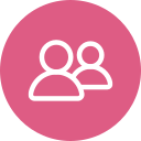 Icon representing a group of three people on a pink background