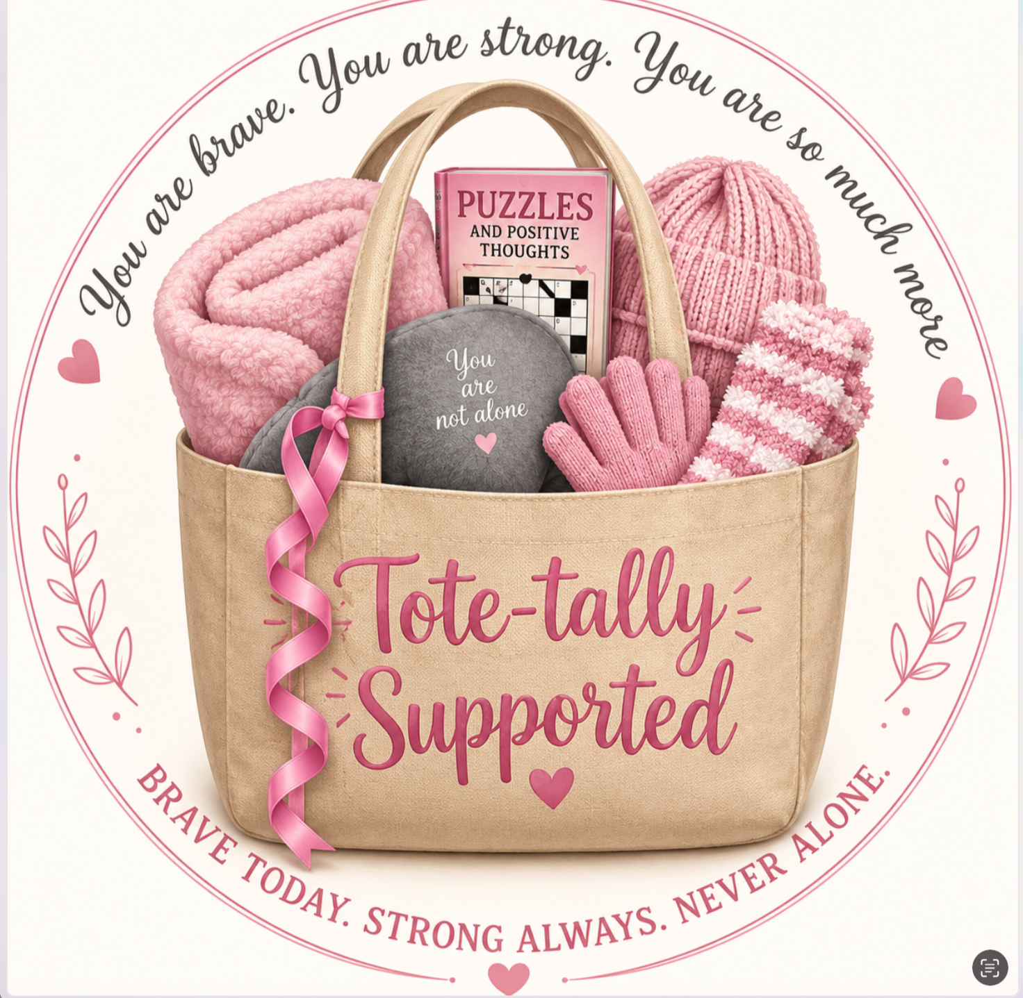 A beige tote bag filled with pink and gray knitted items, a pink puzzle book, and a gray stone with the words 'You are not alone' written on it. The image has text around the edge that says, 'You are brave. You are strong. You are so much more. Never alone. Braver today. Strong always. Always. Never alone.' The main text on the bag says 'Tote-tally Supported' and is decorated with pink ribbons and hearts.