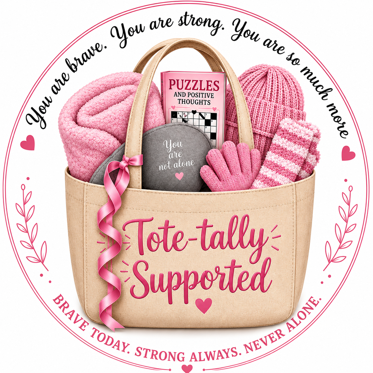 A beige tote bag filled with pink and gray cozy items, including knit hats, gloves, a blanket, a puzzle book, and a cushion with the text "You are not alone." Surrounding the bag is a pink circular frame with the inspirational messages "You are brave. You are strong. You are so much more" and "Brave today. Strong always. Never alone."