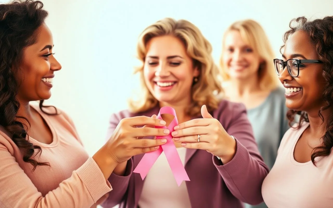 Four women smiling and holding a pink ribbon together, symbolizing breast cancer awareness.