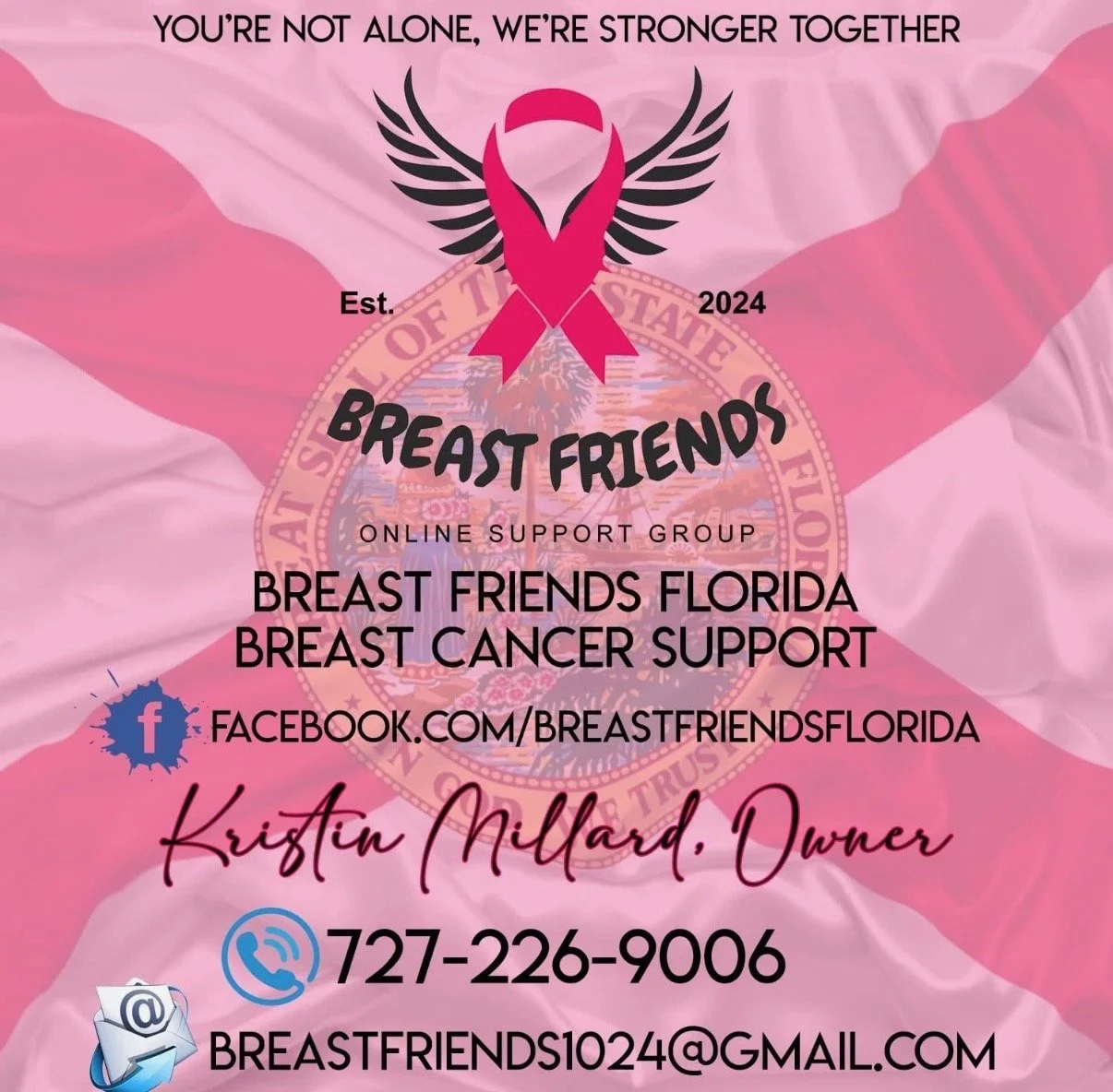Pink breast cancer awareness ribbon with black wings and text about support group, including contact details and Facebook link, featuring a faint Florida state seal in the background.