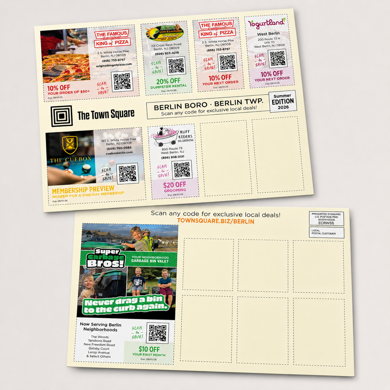 Flyers and postcards with local deals and coupons for pizza, dining, grooming, garbage bin service, and neighborhood discounts, featuring QR codes and expiration dates.