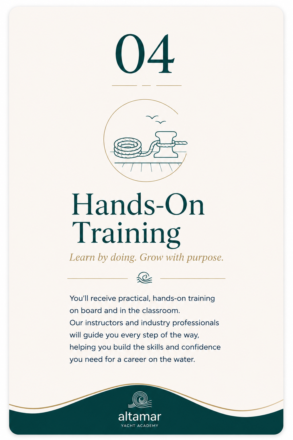 A promotional flyer for Altamar Yachting Academy, offering hands-on training in watercraft handling with an illustration of a rope and winch, and text emphasizing practical, on-board instruction.