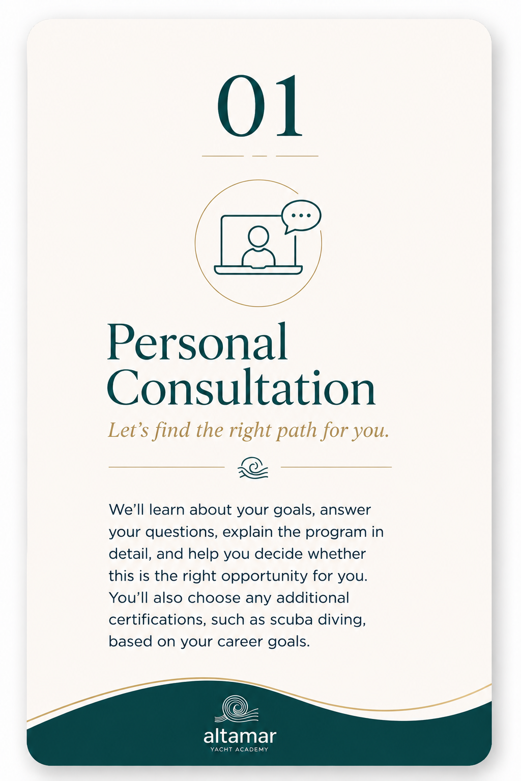 Design for a brochure about personal consultations by Altamar Yacht Academy, featuring a laptop icon with a person and speech bubble, and the slogan 'Let's find the right path for you.'