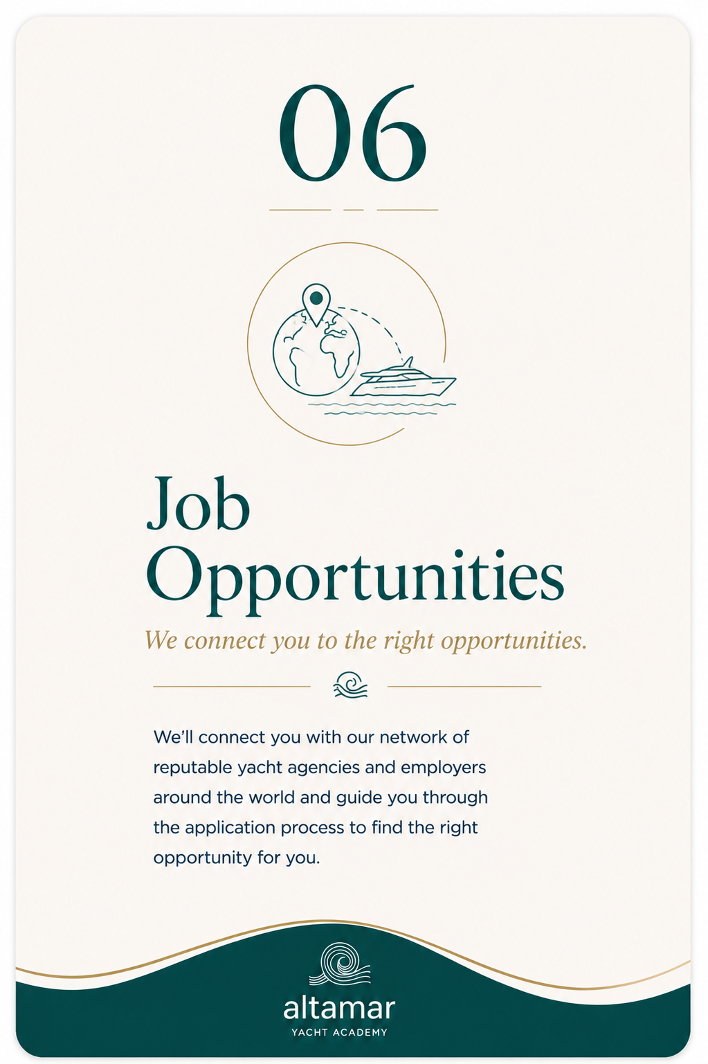Poster titled 'Job Opportunities' by Almar Yacht Academy featuring a globe with a location pin and a yacht, with text about connecting job seekers with yacht agencies and employers worldwide.