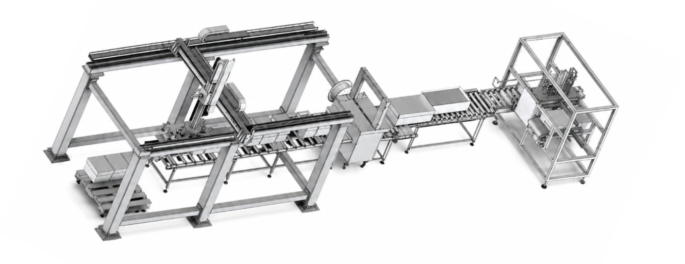 A large industrial conveyor and robotic automation system with metal frames, belts, and mechanical arms.