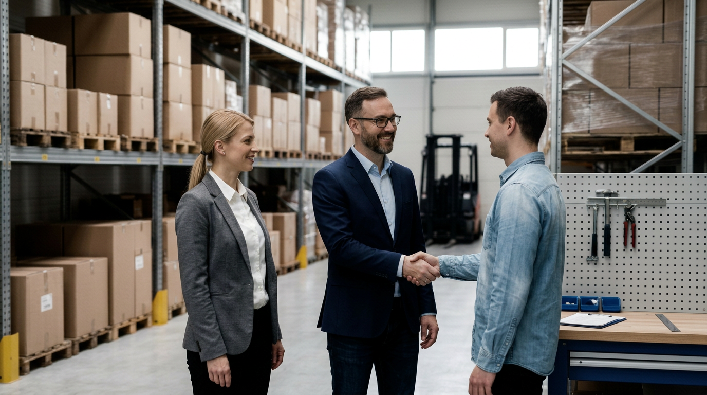 A man in a suit shakes hands with a young man in coveralls inside a warehouse. A woman in business attire stands nearby, smiling, with shelves of boxes in the background.