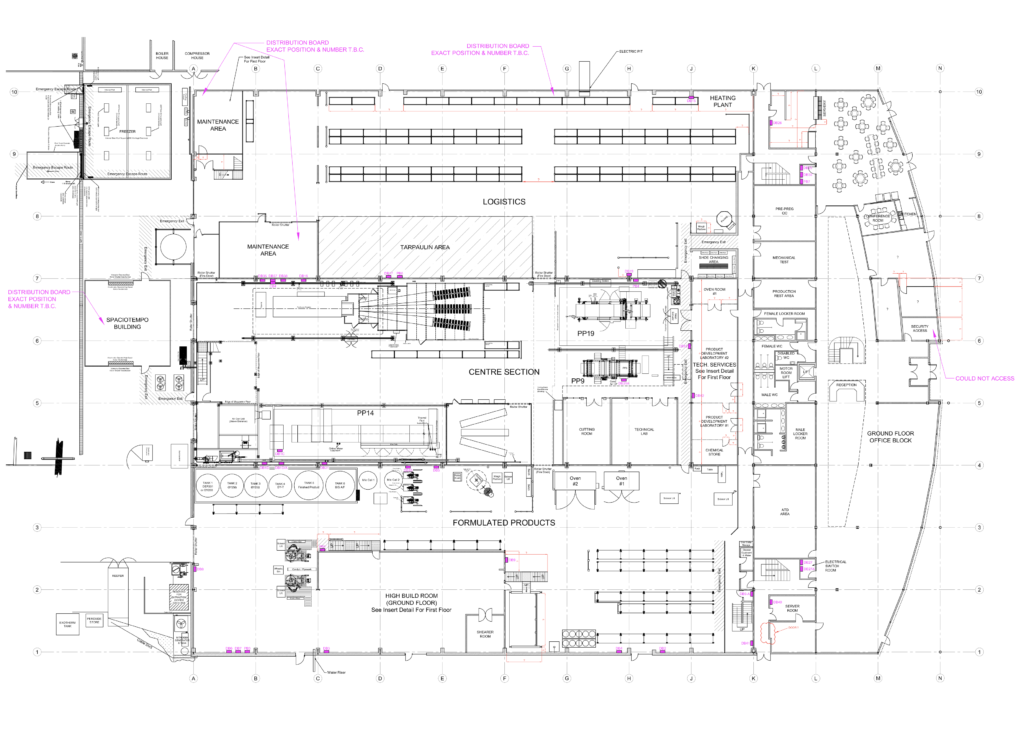 A detailed architectural floor plan of a building layout, including various rooms, sections, and technical details such as logistics, maintenance areas, technical services, and labeled sections for different functions.
