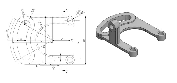 A technical drawing and a 3D CAD model of a mechanical part, showing detailed dimensions and features.