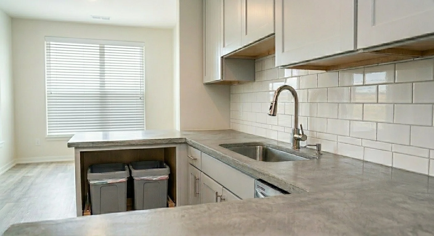 Modern kitchen with a gray marble countertop, white subway tile backsplash, stainless steel sink, and white cabinets.