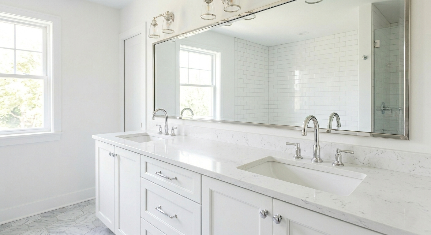 A modern bathroom features a white vanity with two sinks, a large mirror, and a marble countertop