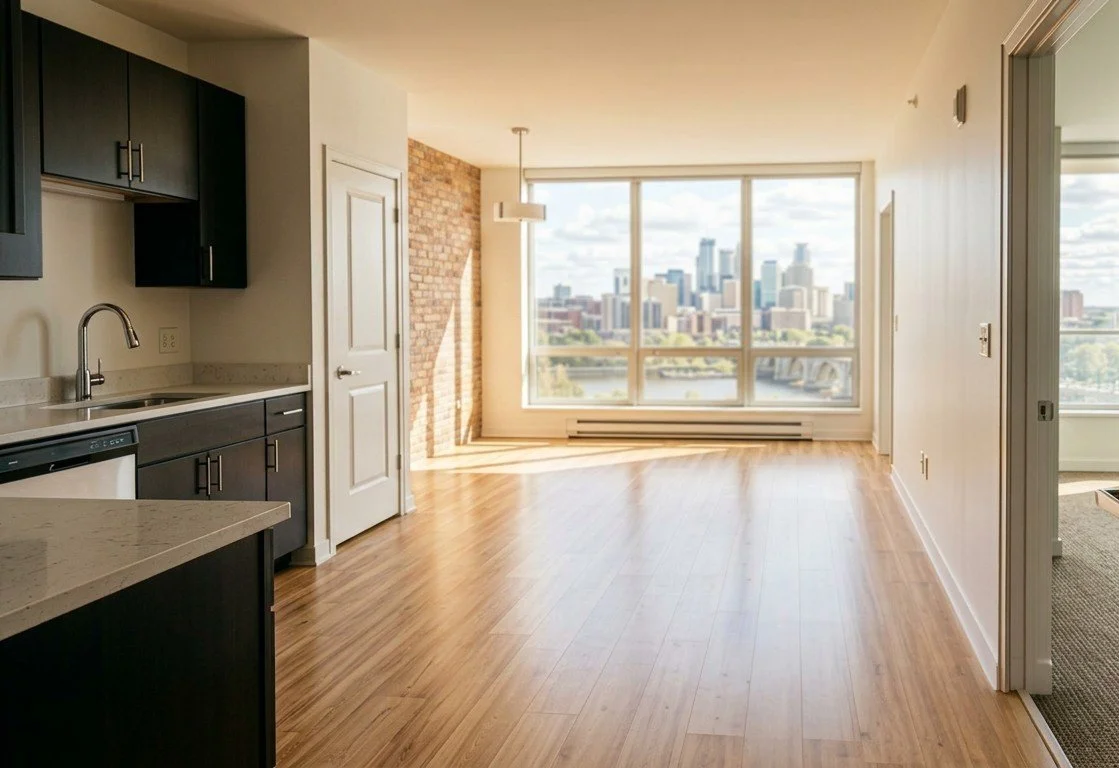 Empty apartment with hardwood floors, large window with city skyline view, kitchen with dark cabinets and light countertops, brick accent wall, and natural light filling the space.