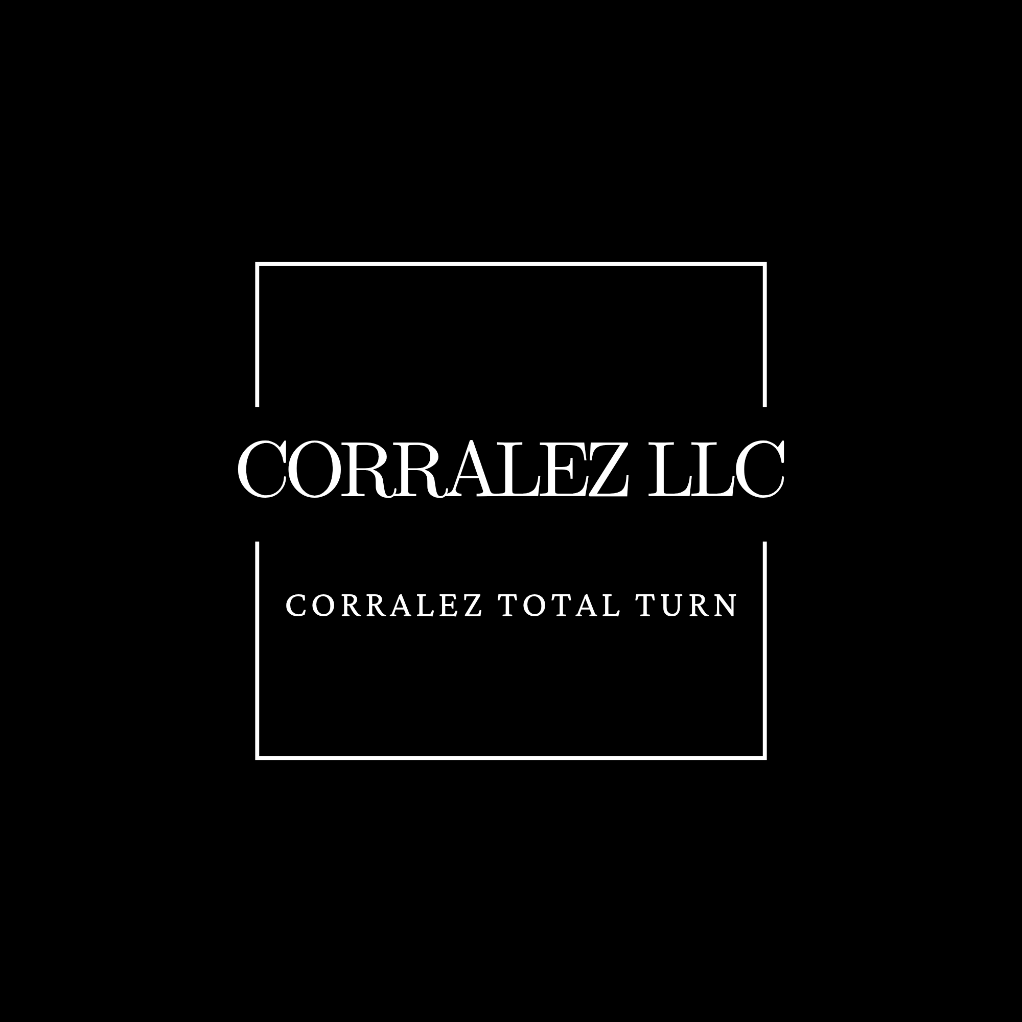 Black background with white text displaying 'CORRALEZ LLC' and 'CORRALEZ TOTAL TURN' inside a white rectangle.